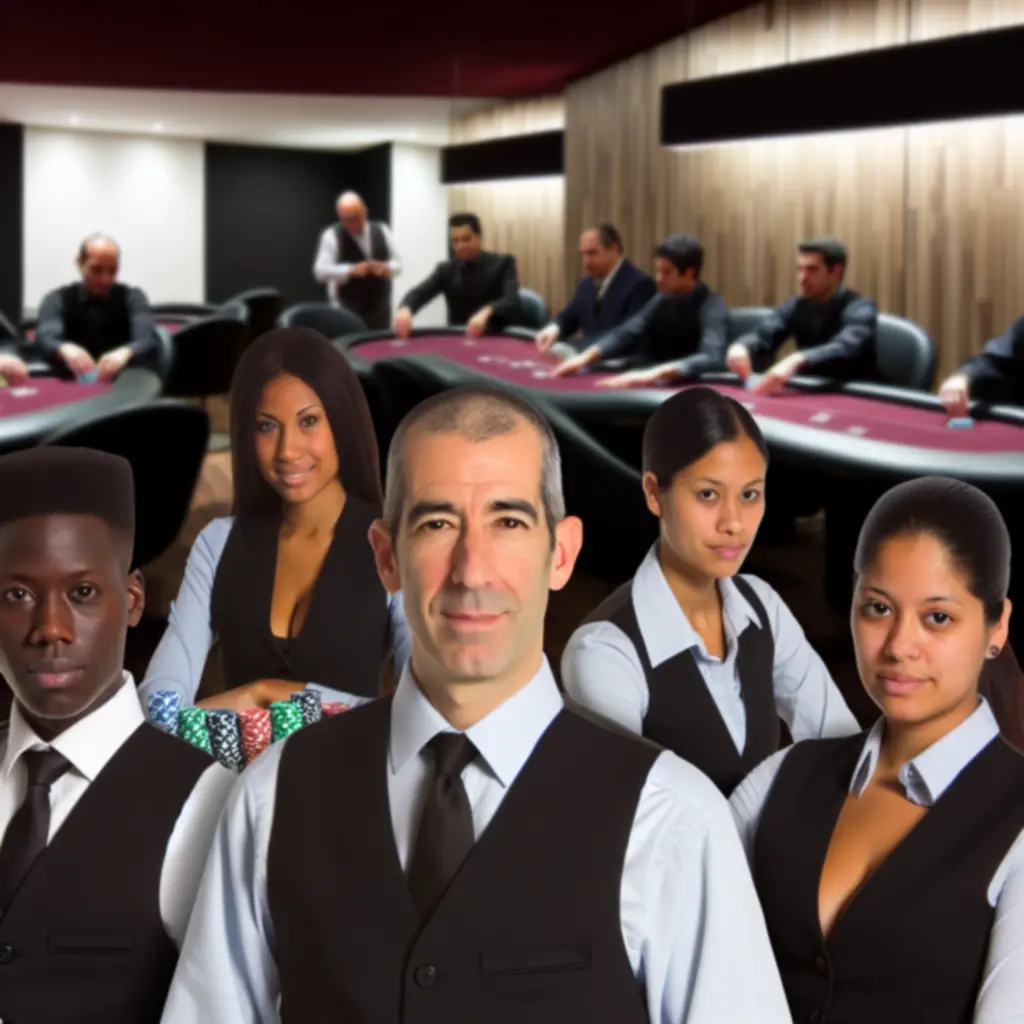 Zespół Kravo Lounge nadzorujący przebieg pokerowego turnieju przy kilku stołach.