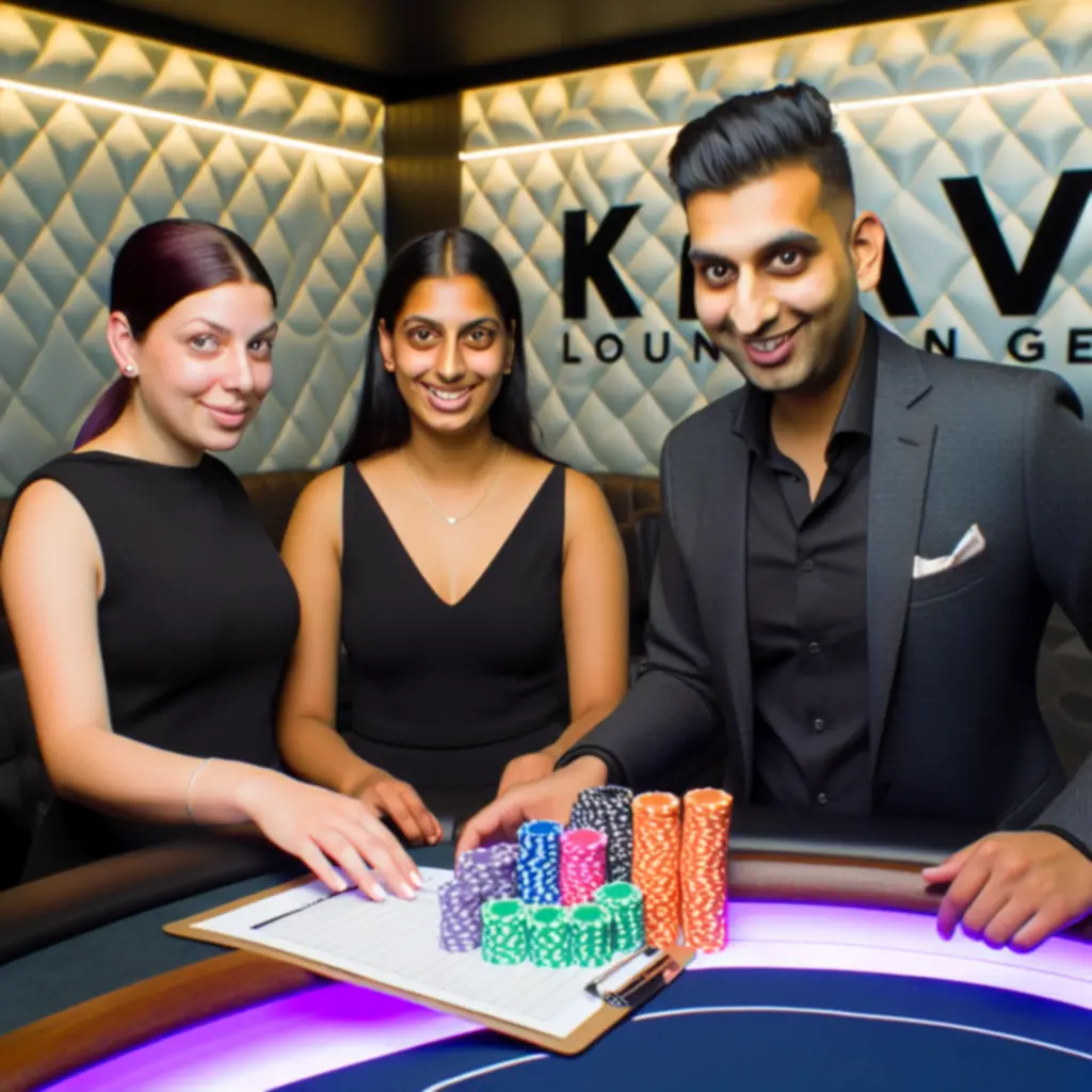 Rejestracja gracza do turnieju pokerowego przy stanowisku z dealerem w Kravo Lounge.