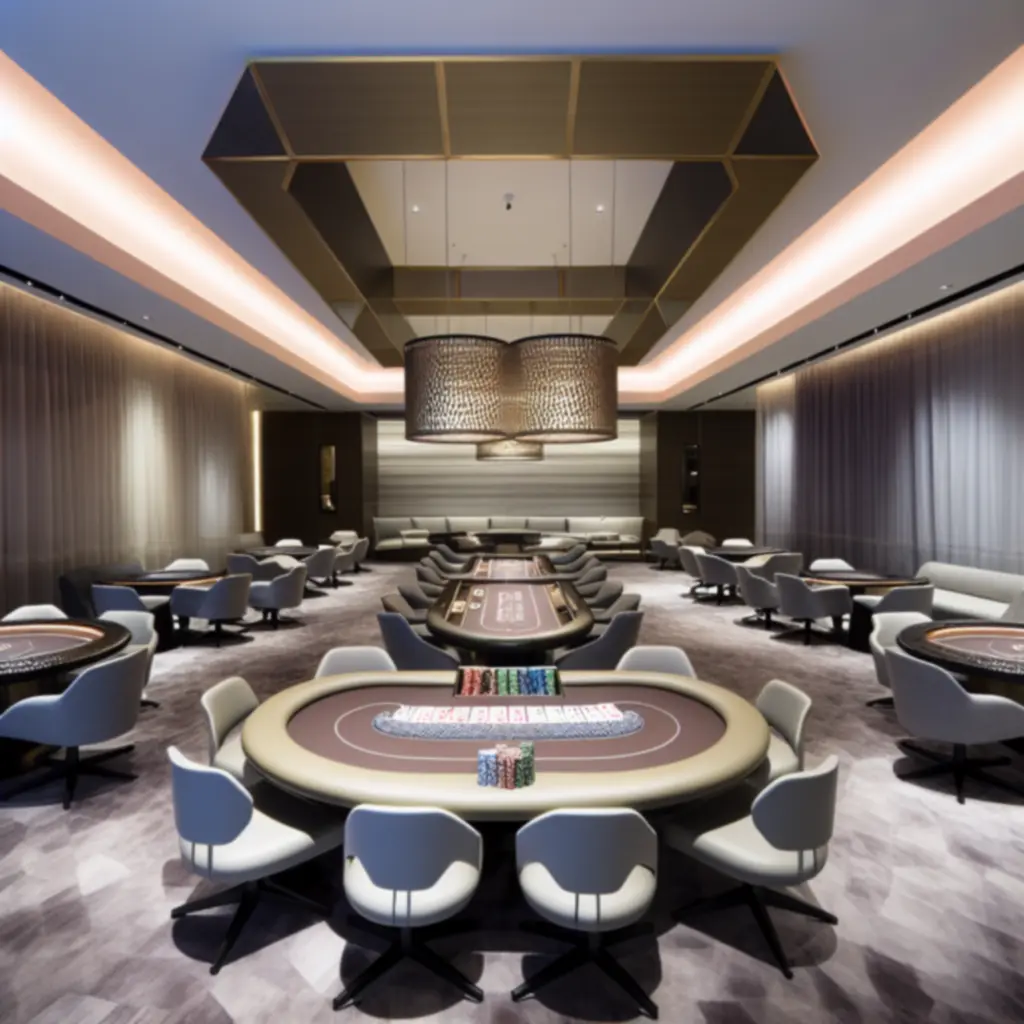 Oświetlony stół pokerowy przygotowany do gry w Kravo Lounge