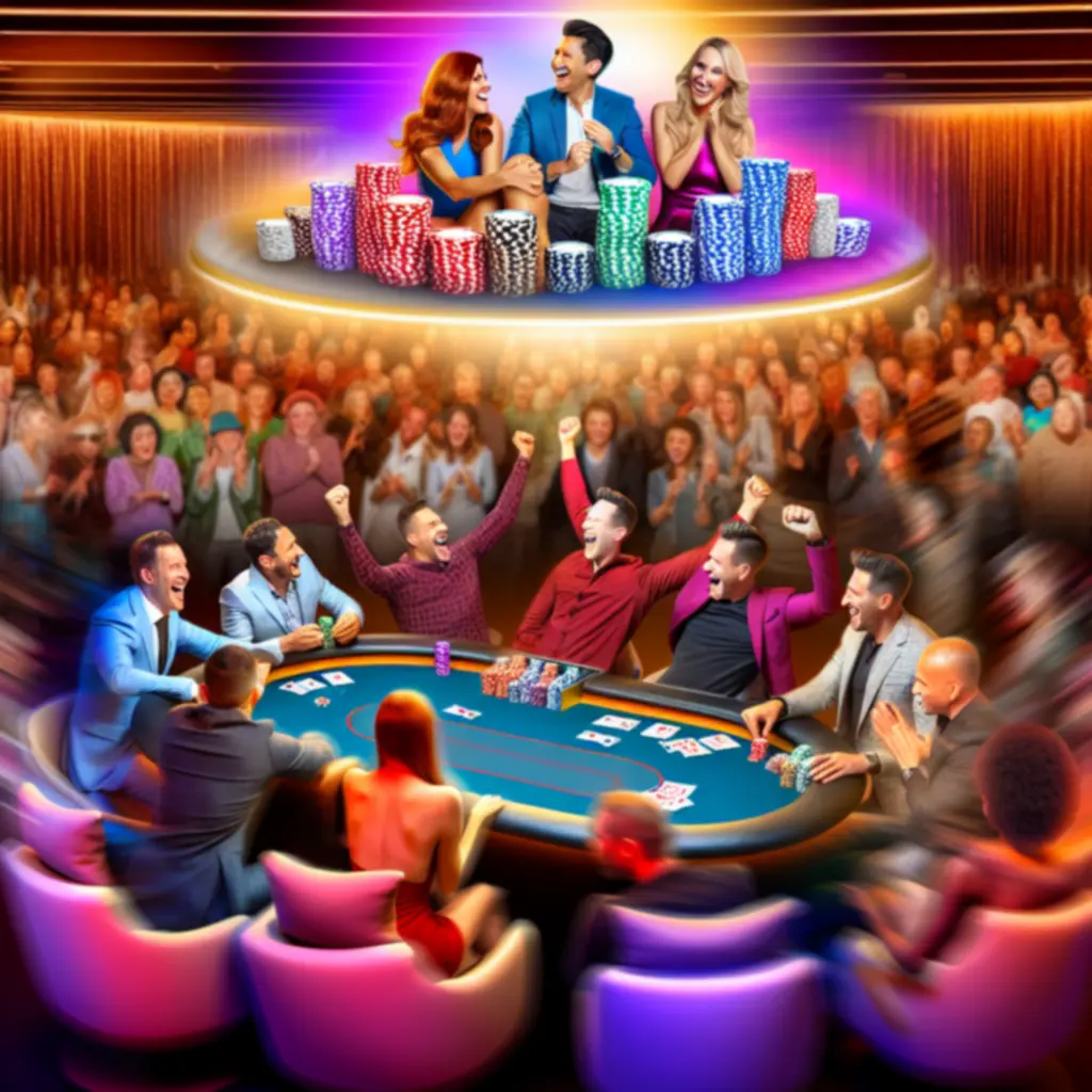 Zawodnicy przy stole turniejowym w Kravo Lounge świętujący wygraną rozdania.